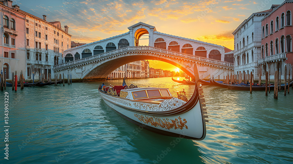 Fototapeta premium Gondola navigating canal with bridge during sunset in urban cityscape