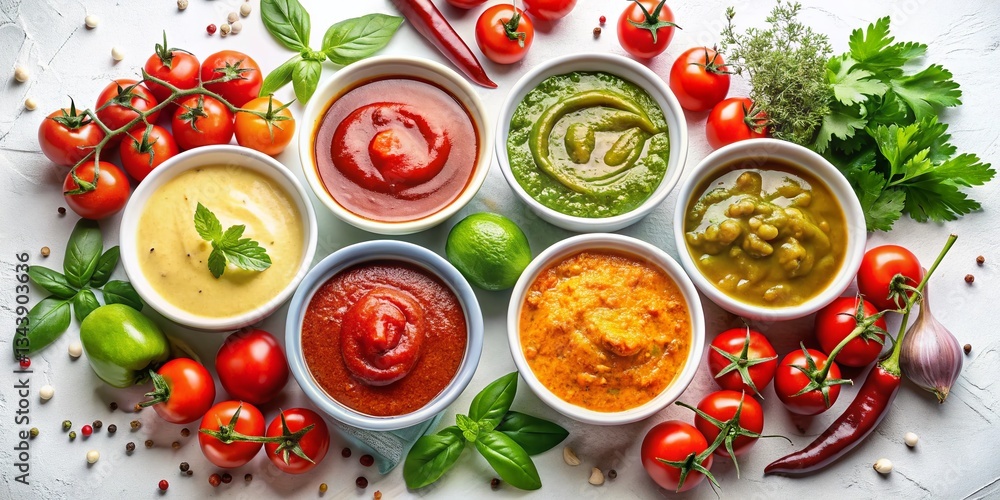 Diverse Gourmet Sauces Collection: Aromatic Culinary Condiments on White Diverse Gourmet Sauces Collection: Aromatic Culinary Condiments on White