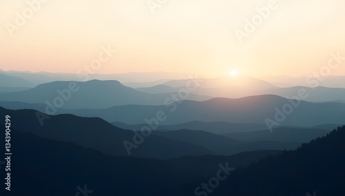 Gentle Sunrise Over Rolling Mountains and Soft Misty Sky