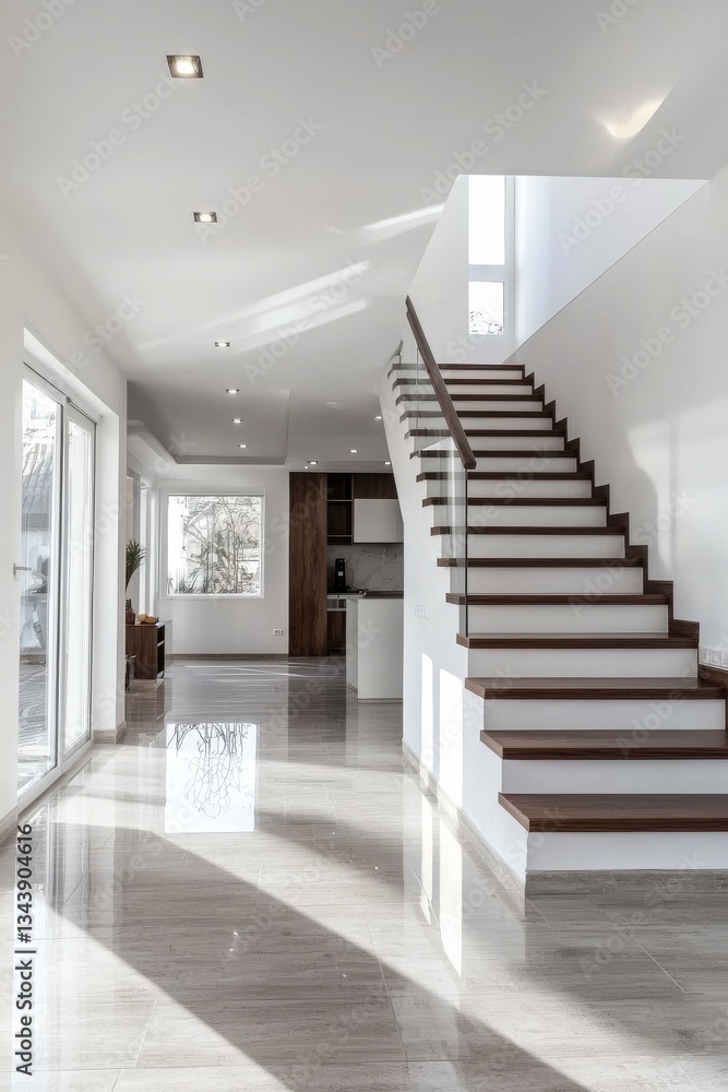 Obraz premium Modern Home Interior with Wooden Staircase and Sunlight,Interior Design ,Stairs