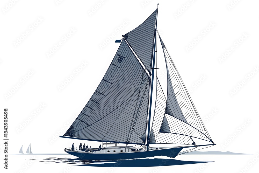 Fototapeta premium Elegant Sailboat in Motion with Crew Against Serene Water Background