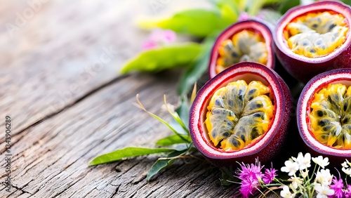 Fototapeta Naklejka Na Ścianę i Meble -  Cut passion fruits with vibrant yellow and black seeds, surrounded by green leaves and small colorful flowers on a wooden surface. Concept Passion Fruit Cut Open, Vibrant Yellow and Black Seeds