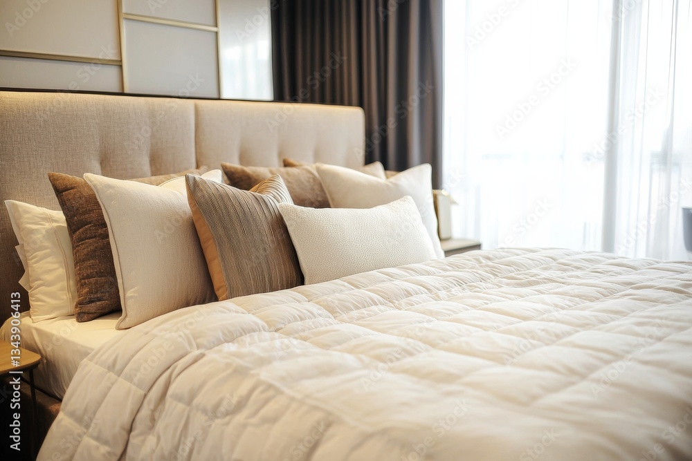 Fototapeta premium Beige Bedroom Bliss Cozy Pillows and Quilted Bedding, Interiors , Comfort