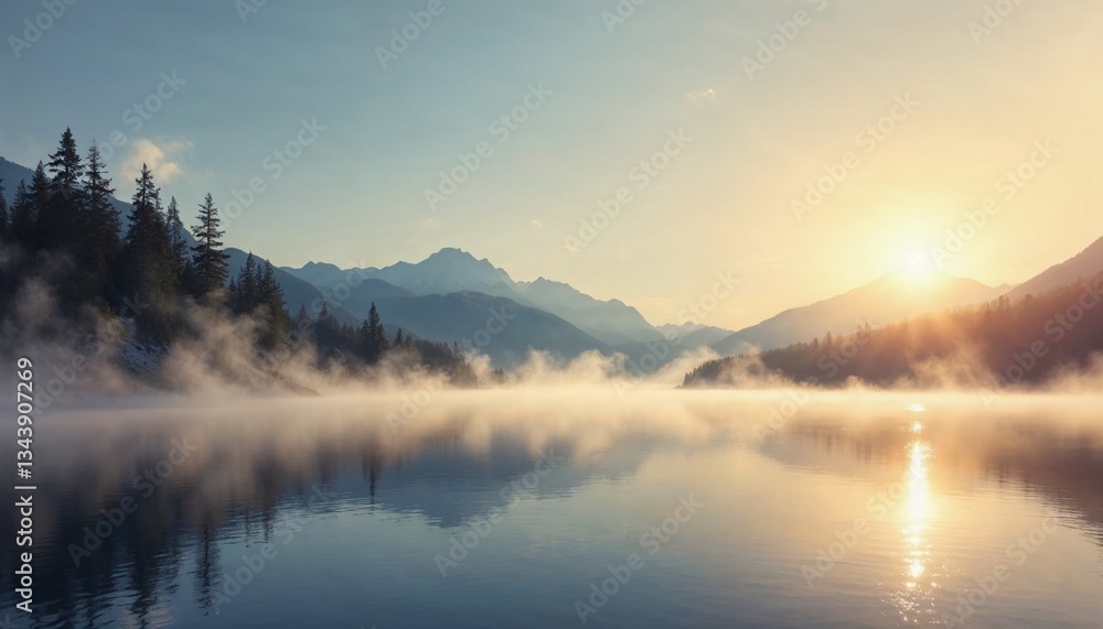 Fototapeta premium Tranquil Lake at Sunrise with Mist and Mountain Silhouette in the Background