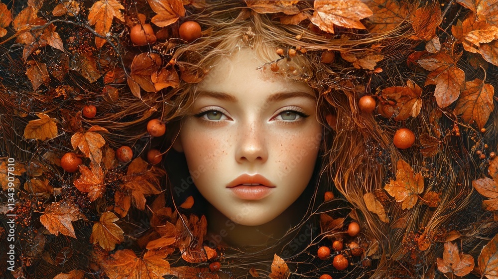 Enchanting portrait of a woman surrounded by autumn leaves and berries Enchanting portrait of a woman surrounded by autumn leaves and berries