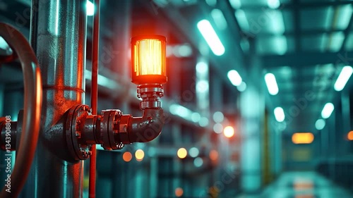 Industrial setting with illuminated warning light on pipe, showcasing machinery and infrastructure