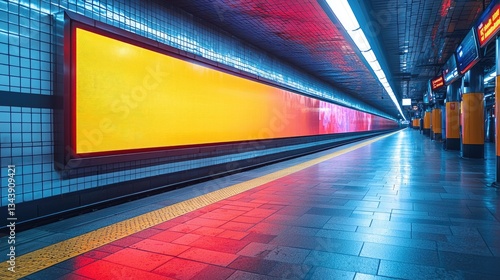 Vibrant subway station platform with illuminated advertising and reflections