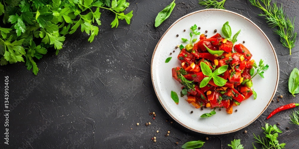 Fresh Vegetable Salad with Herbs on Dark Rustic Table Fresh Vegetable Salad with Herbs on Dark Rustic Table