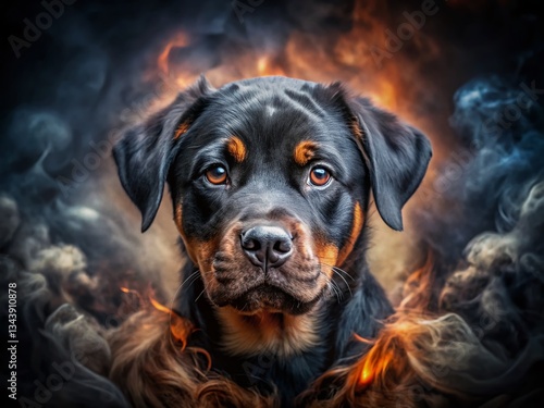 Double Exposure Rottweiler Puppy Closeup: Dramatic Portrait Photography