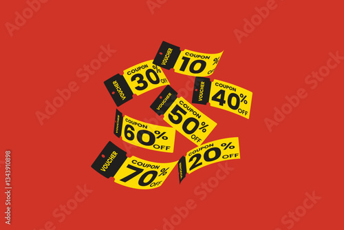 Voucher card cash back template design with coupon code promotion. Promotion and gift voucher coupon.
Flying Yellow voucher with Red background. Special premium price offers sale coupon.