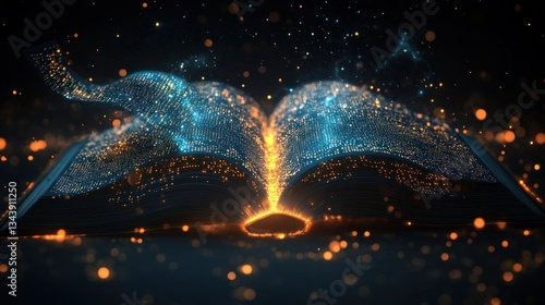 Open book illuminating knowledge with digital particles and data flow