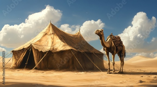Desert Camp with Camel, Traditional Tent and Serene Sand Dunes Landscape