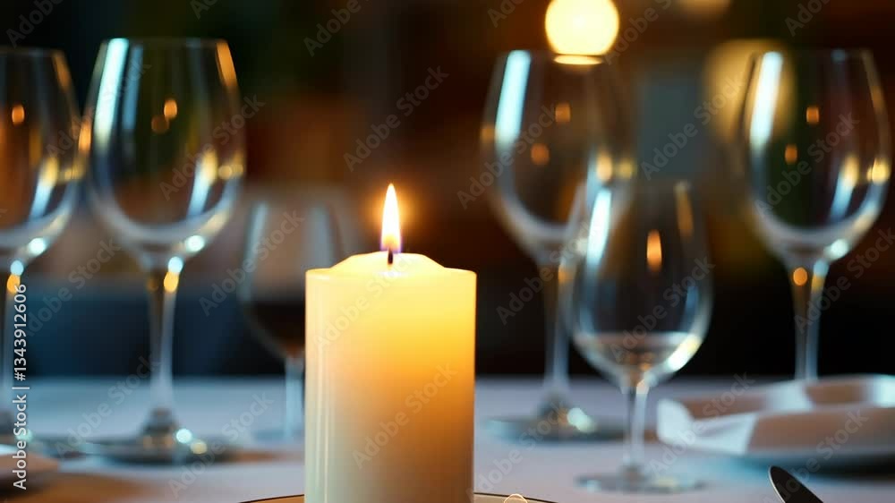 Elegant dinner table setting with candlelight and wine glasses for a romantic evening gathering Elegant dinner table setting with candlelight and wine glasses for a romantic evening gathering