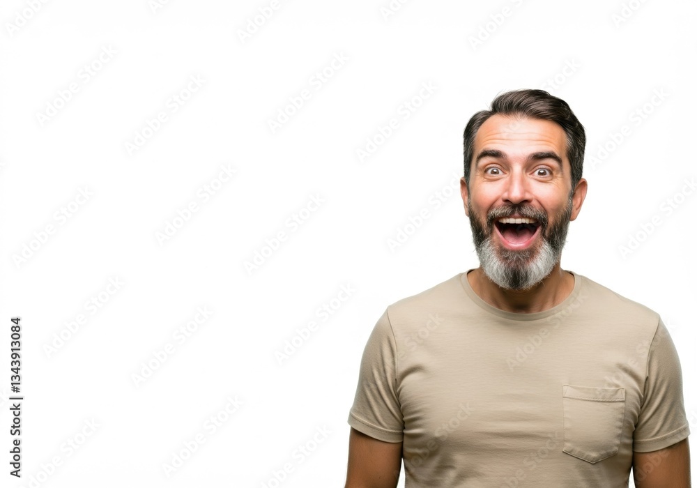 Excited Bearded Man Expressing Joy and Surprise against White Background, Perfect for Advertising and Marketing Campaigns. Excited Bearded Man Expressing Joy and Surprise against White Background, Perfect for Advertising and Marketing Campaigns.