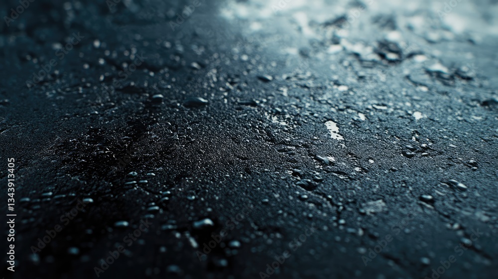 Close-up view of a wet, textured surface with droplets reflecting light, creating an atmospheric mood Close-up view of a wet, textured surface with droplets reflecting light, creating an atmospheric mood