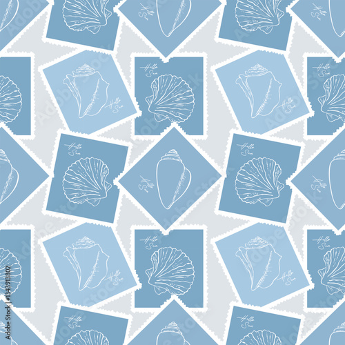 Marine Vibe with postage stamps with seashells contour hand drawn, blue pattern,summer vacation, marine, ocean, travel.