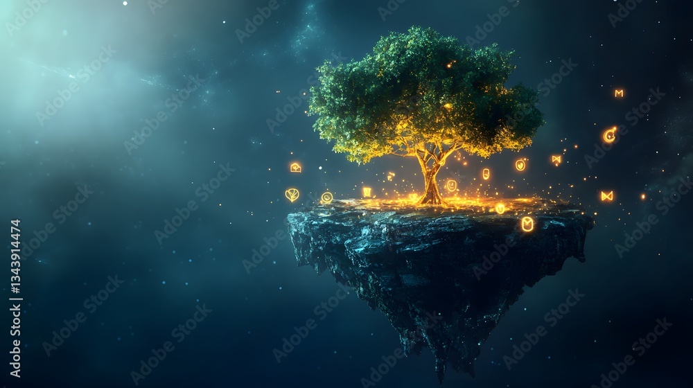 Obraz premium Enchanted Tree with Glowing Symbols Floating in a Cosmic Sky