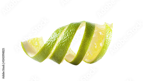 Fresh lime zest spiral on a transparent background Closeup of vibrant green citrus peel for cocktails and culinary garnish Concept of freshness, flavor, and healthy eating