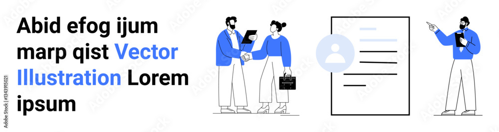 Two professionals shake hands, discuss work with briefcases and reports, profile card visible alongside a presenter pointing at documents. Ideal for teamwork, collaboration, presentations Two professionals shake hands, discuss work with briefcases and reports, profile card visible alongside a presenter pointing at documents. Ideal for teamwork, collaboration, presentations