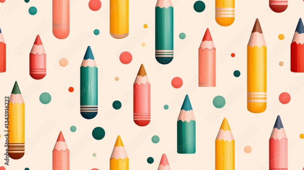 Colorful Pencils Pattern: A playful and vibrant pattern of multicolored pencils and polka dots creating a cheerful backdrop, perfect for stationery and creative projects. Colorful Pencils Pattern: A playful and vibrant pattern of multicolored pencils and polka dots creating a cheerful backdrop, perfect for stationery and creative projects.