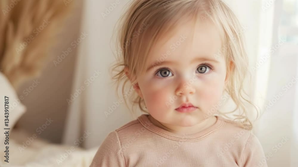 Close-up portrait of adorable toddler girl with blonde hair and blue eyes against soft neutral background. Innocent expression with natural lighting. Childhood development, parenting, baby careClose-u Close-up portrait of adorable toddler girl with blonde hair and blue eyes against soft neutral background. Innocent expression with natural lighting. Childhood development, parenting, baby careClose-u