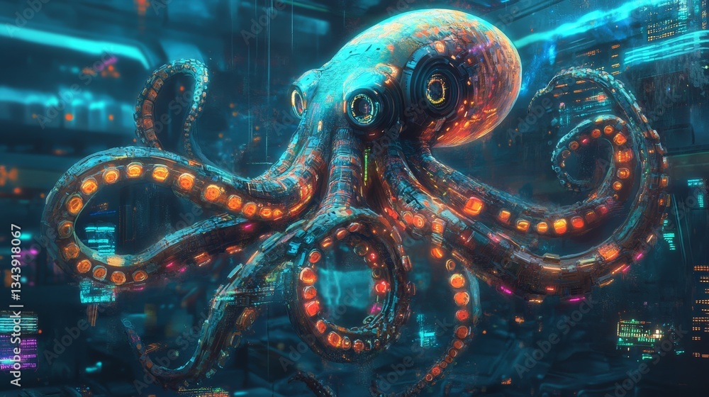 futuristic, cyberpunk-inspired illustration of a pulpo informatico, a robotic octopus futuristic, cyberpunk-inspired illustration of a pulpo informatico, a robotic octopus