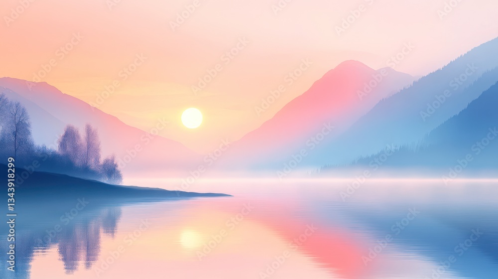 Fototapeta premium Serene landscape displays the sunrise over misty mountains and waters below
