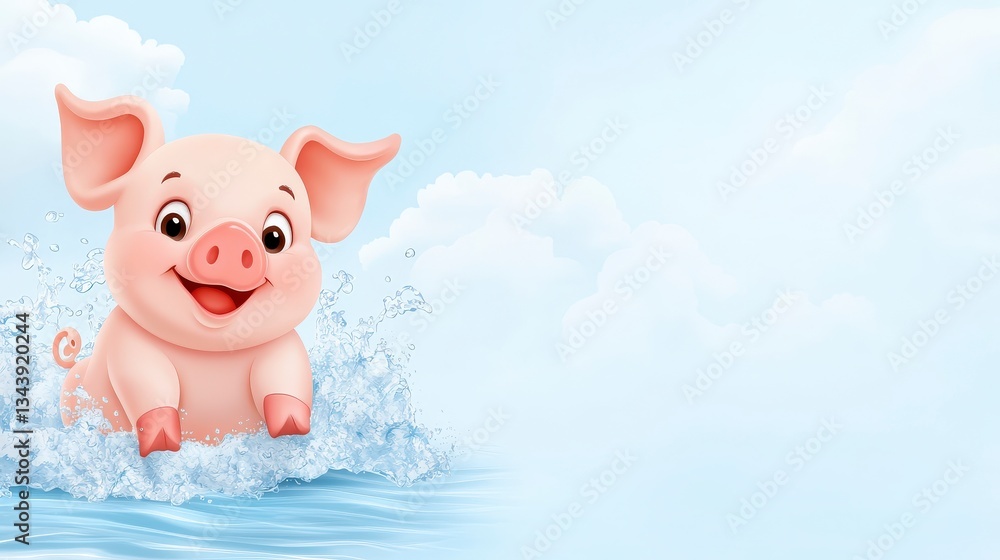 Fototapeta premium Whimsical Pig in the Water: A delightful illustration of a cheerful piglet splashing joyfully in the water, exuding a sense of playfulness and innocence against a bright and dreamy backdrop.
