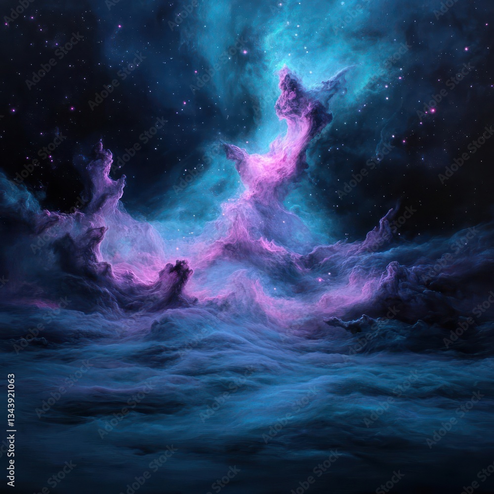 Fototapeta premium Abstract Cosmic Nebula Landscape: Pink, Purple, and Teal Swirls in Dark Starry Sky