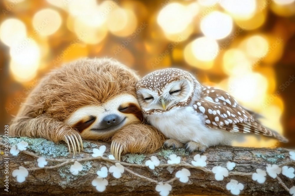 Fototapeta premium Sleepy Sloth and Wise Owl Snuggled Together in a Cozy Forest Setting