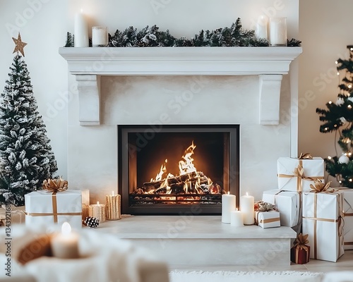 A cozy fireplace scene decorated for the winter holiday season
