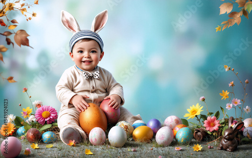 A happy baby with bunny ears and a bow tie is sitting surrounded by vibrant Easter eggs and blooming flowers, embracing the cheerful spirit of springtime.