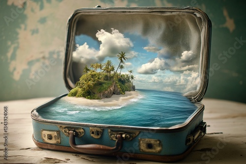 Miniature island in vintage suitcase, travel dreams, exotic destination, background nature, photo realistic, possible use travel brochure, tourism promotion photo