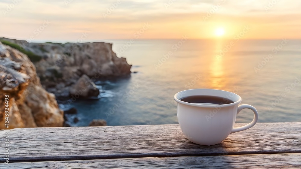 A white cup of coffee sits on a wooden surface with a scenic ocean view and a sunset in the background. Concept Coffee Aesthetic, Sunset Views, Ocean Scenery, Cozy Vibes, Relaxation Moments A white cup of coffee sits on a wooden surface with a scenic ocean view and a sunset in the background. Concept Coffee Aesthetic, Sunset Views, Ocean Scenery, Cozy Vibes, Relaxation Moments