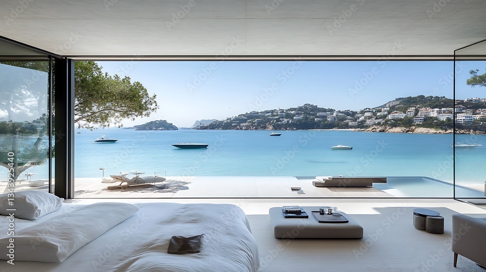 Fototapeta premium Bedroom interior with a panoramic view of the ocean and coastline