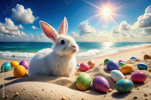 Easter Bunny & Eggs on Sandy Beach, Sunny Day - Spring Holiday Stock Photo