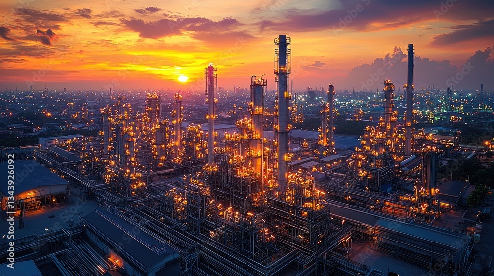 Fototapeta premium Industrial skyline at sunset showcasing illuminated refinery structures