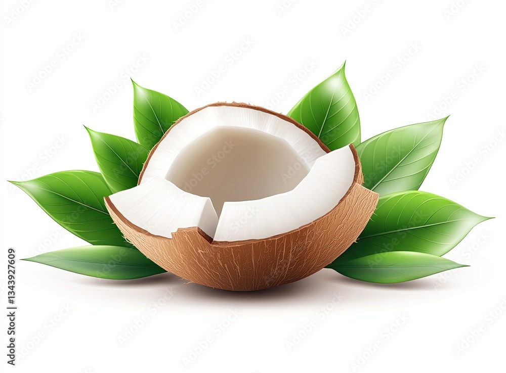 Fresh coconut half with leaves. Fresh coconut half with leaves.