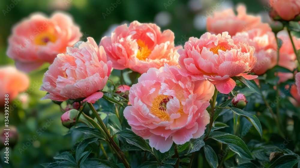 Lush, fully bloomed peonies in delicate shades of pink, blush, and coral, their dewy petals soft and layered with natural detail, glowing gently in the early morning light. Lush, fully bloomed peonies in delicate shades of pink, blush, and coral, their dewy petals soft and layered with natural detail, glowing gently in the early morning light.