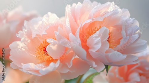 Lush, fully bloomed peonies in delicate shades of pink, blush, and coral, their dewy petals soft and layered with natural detail, glowing gently in the early morning light.