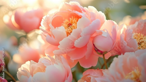 Lush, fully bloomed peonies in delicate shades of pink, blush, and coral, their dewy petals soft and layered with natural detail, glowing gently in the early morning light.