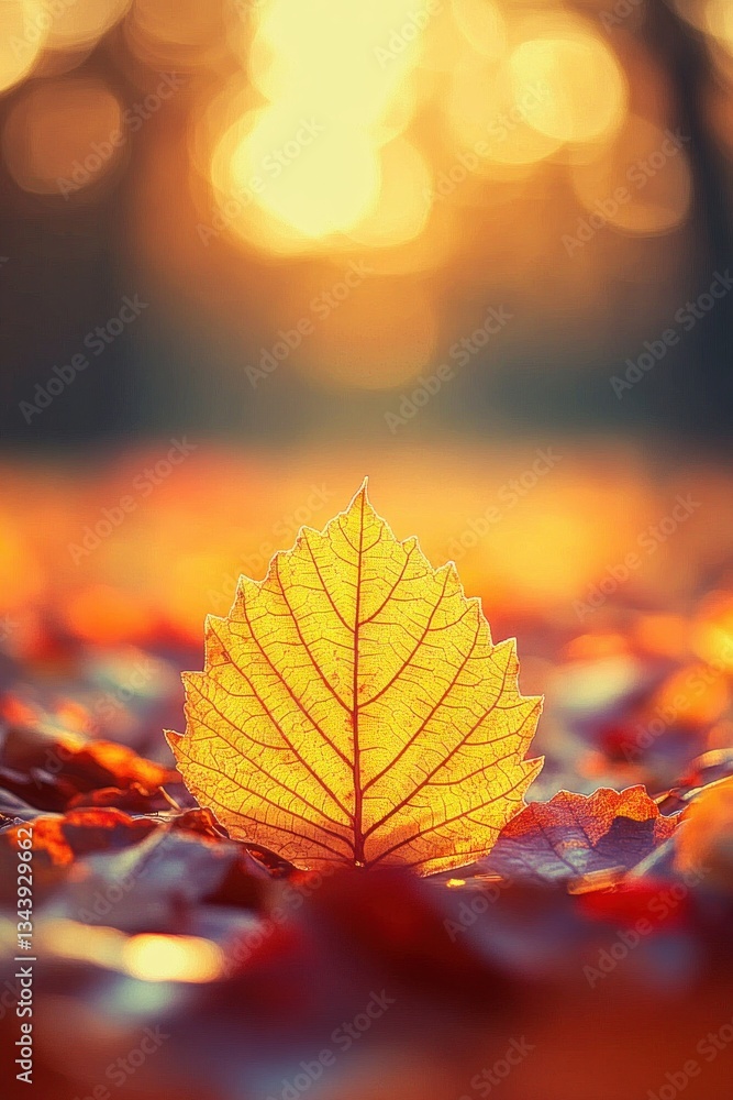 Autumn Leaf on Fallen Leaves in Golden Light Beautiful Nature Background with Soft Focus and Bokeh Autumn Leaf on Fallen Leaves in Golden Light Beautiful Nature Background with Soft Focus and Bokeh