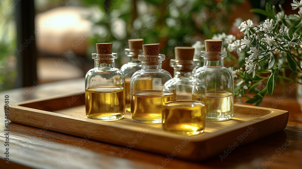 Close-Up of Glass Bottles Filled with Botanical Oils on a Wooden Tray Close-Up of Glass Bottles Filled with Botanical Oils on a Wooden Tray