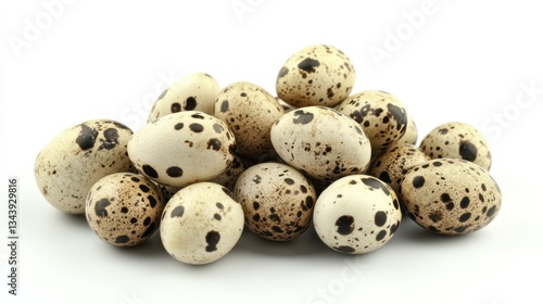 Pile of spotted quail eggs isolated on white background for healthy eating