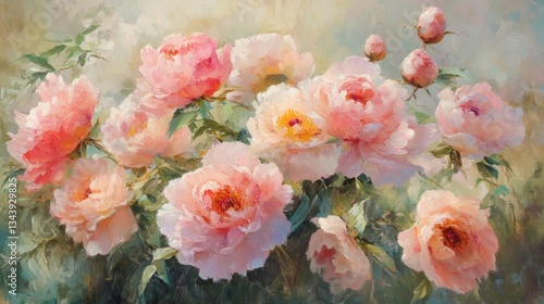 Lush, fully bloomed peonies in delicate shades of pink, blush, and coral, their dewy petals soft and layered with natural detail, glowing gently in the early morning light.