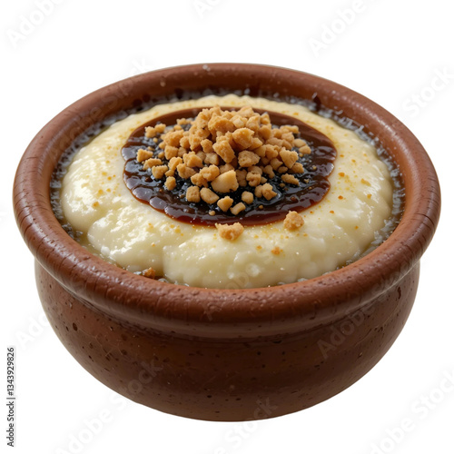  Delicious Homemade Creamy Dessert with Rich Chocolate Sauce and Crushed Biscuits Topping in a Traditional Clay Bowl.