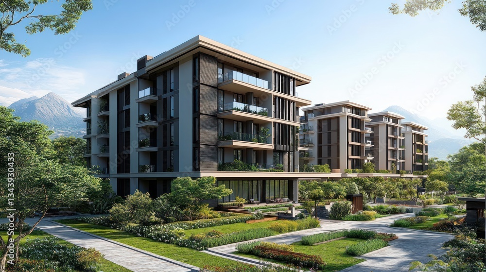 Fototapeta premium Photorealistic 3D Render of Modern Residential Building Complex Exterior View
