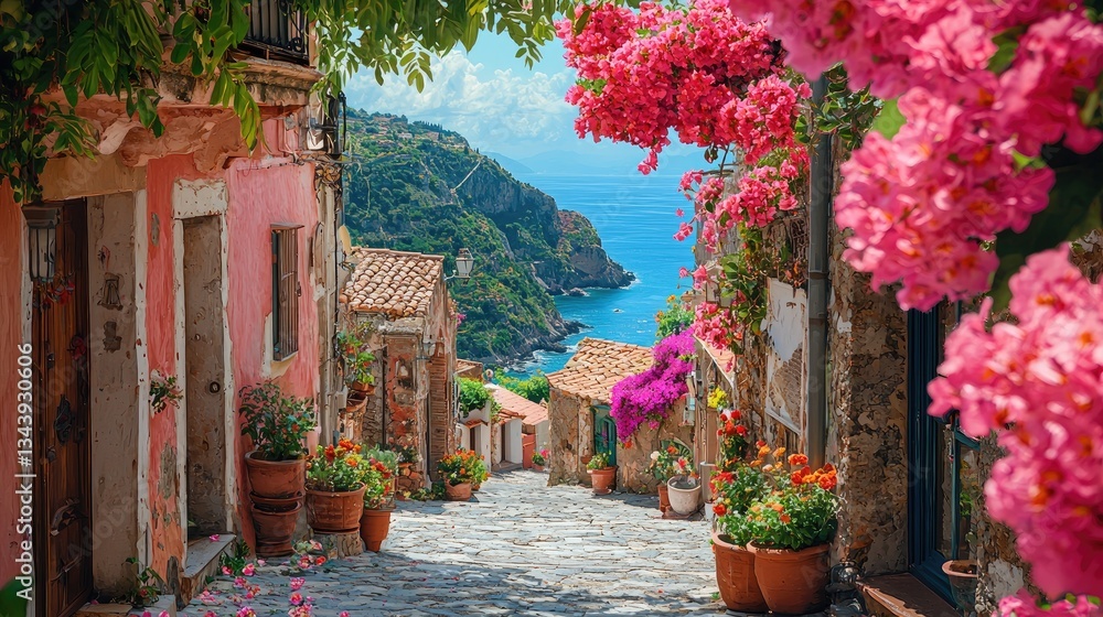 Fototapeta premium Colorful coastal village street adorned with vibrant flowers and scenic ocean view