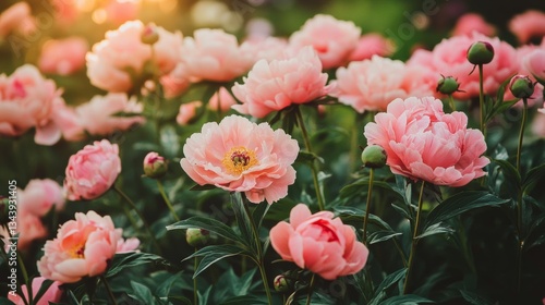 Lush, fully bloomed peonies in delicate shades of pink, blush, and coral, their dewy petals soft and layered with natural detail, glowing gently in the early morning light.