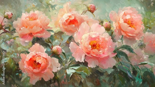 Lush, fully bloomed peonies in delicate shades of pink, blush, and coral, their dewy petals soft and layered with natural detail, glowing gently in the early morning light.